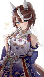  animal_ears bare_shoulders blue_eyes breasts brown_hair commentary_request detached_sleeves dress ear_covers female hair_ornament hand_fan hand_up head_tilt high_collar highres holding holding_fan horse_ears horse_girl japanese_clothes jewelry kimono long_sleeves looking_at_viewer medium_breasts multicolored_hair official_alternate_costume ponytail purple_dress purple_kimono short_hair simple_background solo streaked_hair tokai_teio_(dream_butterfly_of_purple_clouds)_(umamusume) tokai_teio_(umamusume) umamusume white_background white_hair white_kimono wide_sleeves yoimoriyoru 