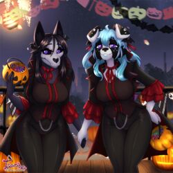  1:1 big_breasts border_collie breasts candy canid canine canis clothed clothing collie costume dessert detailed_background domestic_dog female food halloween halloween_costume hand_holding herding_dog hi_res holidays mal0_(species) mammal pastoral_dog sheepdog smile smiling_at_viewer trick_or_treat tsarinart vampire_costume 