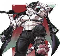  2023 4_toes abs amon-sydonai anthro biceps black_clothing black_gloves black_handwear chains claws clothed clothing coat coat_cape dislyte feet felid fur gloves grin half_gloves handwear harness hat headgear headwear hi_res jin_qiu_(dislyte) lilith_games looking_at_viewer male mammal muscular muscular_anthro muscular_male nipples pantherine pawpads pecs smile solo striped_body stripes teeth tiger toes topless topwear weapon white_body white_fur 