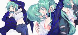  2girls aqua_hair arm_around_neck bang_dream! blue_jacket blue_shirt blush closed_eyes denim french_kiss green_eyes hand_on_another&#039;s_back hand_under_clothes hikawa_hina hikawa_sayo incest jacket jeans kissing long_hair looking_at_another looking_at_viewer midriff milk_puppy multiple_girls pants shirt short_hair siblings sisters twincest twins white_shirt yuri 