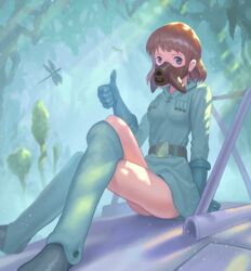  arm_support belt boots brown_eyes brown_hair bug commentary_request crossed_legs dragonfly earrings female full_body gloves jewelry kaze_no_tani_no_nausicaa knee_boots light_rays looking_at_viewer mask medium_hair mouth_mask nausicaa outdoors sitting solo thighs thumbs_up tunguu 