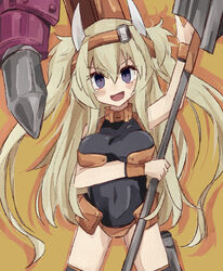  arm_under_breasts black_thighhighs blonde_hair blush_stickers breasts collar commentary_request cowboy_shot eyelashes female hairband holding holding_polearm holding_weapon horns large_breasts long_hair looking_at_viewer mini_hydraulic_breaker_(ole_tower) minoru_minoru navel ole_tower open_mouth orange_collar orange_hairband orange_wrist_cuffs polearm purple_eyes shadow smile solo straight-on thighhighs two_side_up v-shaped_eyebrows weapon white_horns yellow_background 