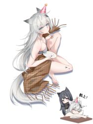  2girls absurdres animal_ears antenna_hair arknights bandeau black_hair blanket blue_eyes breasts chibi cleavage eating food food_on_face fork grey_bandeau grey_hair hair_ornament hairclip hat highres holding holding_fork holding_plate lappland_(arknights) long_hair looking_at_viewer material_growth medium_breasts messy_hair multiple_girls nanaya_journey oripathy_lesion_(arknights) party_hat plate scar scar_across_eye simple_background sitting tail very_long_hair white_background wolf_ears wolf_girl wolf_tail yellow_eyes 