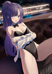  alternate_hairstyle animal_ears arms_under_breasts bare_shoulders black_leotard blue_archive bow bowtie breasts cirilla_lin crossed_arms detached_collar fake_animal_ears female halo high_ponytail highres knee_up leotard long_hair looking_to_the_side off_shoulder open_clothes open_mouth open_shirt playboy_bunny ponytail purple_hair rabbit_ears sitting strapless strapless_leotard traditional_bowtie yuuka_(blue_archive) 