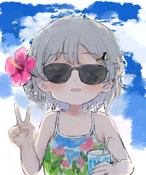  armpit_crease asasow blue_background braided_hair_rings commentary_request covered_eyes drink facing_viewer female flower grey_hair hair_flower hair_ornament hand_up hatoba_tsugu hibiscus holding holding_drink multicolored_clothes multicolored_swimsuit open_mouth penguin_hair_ornament pink_flower short_hair single_hair_ring smile solo sunglasses swimsuit tsugu_(vtuber) two-tone_background upper_body v virtual_youtuber white_background 