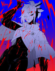  artificial_eye artist_name blood cyberpunk_(series) cyborg female hair_over_one_eye high_collar highres jacket koyorin looking_at_viewer mechanical_arms mechanical_eye mechanical_legs short_hair solo two-tone_background two-tone_eyes 