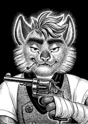  2023 anthro bad_trigger_discipline bandage bandaged_hand cigarette cigarette_in_mouth clenched_teeth clothed clothing domestic_cat fangs felid feline felis front_view fur gun hair half-closed_eyes handgun hi_res holding_gun holding_handgun holding_object holding_ranged_weapon holding_revolver holding_weapon lackadaisy looking_at_viewer male mammal monochrome narrowed_eyes nicodeme_savoy nikraccoom object_in_mouth portrait ranged_weapon revolver shirt solo teeth topwear vest weapon wraps 