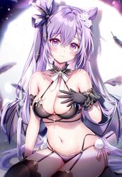  amaki_ruto bare_shoulders black_bra black_choker black_feathers black_panties black_thighhighs blush bra breasts choker cleavage cross demon_wings feathers female garter_straps genshin_impact halterneck hand_on_own_chest highres keqing_(genshin_impact) long_hair looking_at_viewer medium_breasts navel panties purple_eyes sitting solo thighhighs underwear wings 