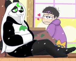  5:4 anthro barefoot bear black_body black_fur black_nose blush bottomwear clothed clothing digital_media_(artwork) domestic_cat duo eyewear feet felid feline felis female fur fur_markings furniture giant_panda glasses green_eyes hair happy heart_symbol hi_res hoodie human ichimatsu_matsuno inside kotatsu looking_at_another lunarpanda8686 male male/female mammal markings mika_(lunarpanda8686) mr._osomatsu orange_body orange_fur outside pawpads round_ears sitting skirt sleeping slightly_chubby snow table topwear ursine white_body white_fur white_hair 