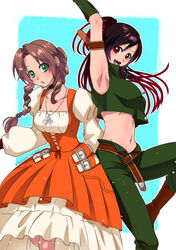  2girls absurdres adapted_costume aerith_gainsborough aerith_gainsborough_(garnet&#039;s_gown) armpits arms_up belt black_hair braid braided_ponytail brown_hair commentary_request cosplay crop_top dreadlocks dress final_fantasy final_fantasy_ix final_fantasy_vii final_fantasy_vii_ever_crisis garnet_til_alexandros_xvii garnet_til_alexandros_xvii_(cosplay) highres jewelry looking_at_viewer multicolored_hair multiple_girls necklace official_alternate_costume open_mouth red_hair salamander_coral salamander_coral_(cosplay) shikiwo sleeveless smile tifa_lockhart tifa_lockhart_(amarant&#039;s_guise) two-tone_hair 