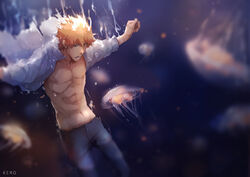  1boy abs bleach blurry blurry_background collarbone collared_shirt denim feet_out_of_frame floating_clothes jeans jellyfish keroooooo kurosaki_ichigo long_sleeves looking_down male_focus navel open_clothes open_shirt orange_eyes orange_hair outstretched_arms pants parted_lips pectorals shirt sinking underwater water white_shirt 