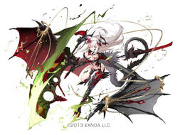  attack awakening_(sennen_sensou_aigis) black_wings breasts chains cleavage commentary dragon_girl dragon_horns dragon_tail dragon_wings female floating_hair flower full_body gold_chain hair_over_one_eye holding holding_polearm holding_weapon horn_flower horns large_breasts leg_up long_hair looking_at_viewer lotan_(sennen_sensou_aigis) miyase_mahiro multicolored_hair multiple_horns navel official_art parted_lips pointy_ears polearm red_flower red_hair red_rose red_wings revealing_clothes rose scales sennen_sensou_aigis simple_background solo spiked_wings streaked_hair sword tachi-e tail thighs weapon white_background white_hair wings 