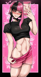  abs absurdres almualim artist_name biting_own_lip black_choker black_hair black_shirt blush breasts cellphone choker clothes_pull female highres holding holding_phone kuromi looking_at_phone midriff multicolored_hair muscular muscular_female navel original parted_lips patreon_username phone pink_hair pink_shorts sanrio selfie shirt short_hair short_shorts shorts shorts_pull simple_background smartphone smile solo sweat two-tone_hair 