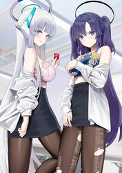  2girls black_skirt blue_archive blunt_bangs bra breasts cirilla_lin condom covering_breasts covering_privates grey_hair halo hand_up highres holding holding_condom long_hair looking_at_viewer mechanical_halo multiple_girls noa_(blue_archive) off_shoulder open_clothes open_shirt pantyhose parted_bangs pencil_skirt purple_eyes purple_hair shirt skirt torn_clothes torn_pantyhose two_side_up underwear white_halo white_shirt yuuka_(blue_archive) 