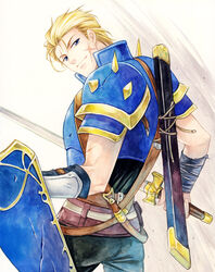  1boy agahari armor back black_pants blue_armor blue_eyes cross_scar fire_emblem fire_emblem:_mystery_of_the_emblem from_behind holding holding_shield holding_sword holding_weapon looking_at_viewer looking_back male_focus ogma_(fire_emblem) pants pauldrons scar shield shoulder_armor smile solo spiked_pauldrons sword weapon 