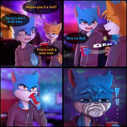  1:1 4_panel_comic anthro bedroom_eyes blue_body blue_fur blurred_background bottomwear cheek_tuft clothing denim denim_bottomwear denim_clothing dialogue domestic_cat drinking duo english_text facial_tuft fangs felid feline felis fur half-closed_eyes hi_res hoodie humor jay-r jay-r_(character) jeans leo_(jay-r) male mammal multicolored_body multicolored_fur narrowed_eyes open_mouth open_smile orange_body orange_fur pants seductive simple_background smile solo_cup sound_effects speech_bubble teeth text topwear tuft two_tone_body two_tone_fur white_body white_fur 