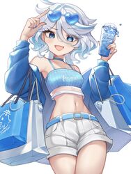  :d alternate_costume bag bare_shoulders belt blue_belt blue_choker blue_eyes blue_jacket blue_nails breasts camisole character_name choker clothes_writing commentary cowboy_shot crop_top cup drinking_glass eyewear_on_head female furina_(genshin_impact) genshin_impact hands_up highres holding holding_cup jacket long_sleeves looking_at_viewer midriff nail_polish navel nightbawnana oerba_yun_fang off_shoulder paimon_(genshin_impact) shopping_bag short_shorts shorts simple_background skin_fang small_breasts smile solo spaghetti_strap standing sunglasses thighs white_background white_hair white_shorts 