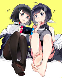  2girls ? absurdres ahoge arknights arknights:_endfield bai_xin bare_shoulders barefoot black_eyes black_hair black_jacket black_pantyhose blunt_bangs blush breasts brown_eyes convenient_leg endministrator_(arknights) feet female_endministrator_(arknights) fine_fabric_emphasis fur-trimmed_jacket fur_trim hair_ornament hairclip highres in-franchise_crossover jacket knees_up la_pluma_(arknights) legs long_sleeves medium_breasts multiple_girls nintendo_switch no_shoes off_shoulder open_clothes open_jacket pantyhose parted_lips playing_games short_hair sitting smile soles sparkle sweater thigh_strap toenails toes turtleneck turtleneck_sweater white_sweater 