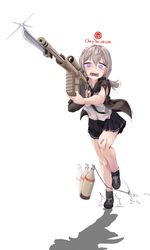  absurdres afterimage bandaid bandaid_on_knee bandaid_on_leg battlefield_(series) battlefield_1 bayonet blonde_hair blue_skirt bolt_action bottle brown_jacket cheytac_m200 collared_shirt crying crying_with_eyes_open english_commentary english_text female girls&#039;_frontline grey_hair gun highres holding holding_weapon jacket long_sleeves looking_at_viewer low_ponytail m200_(girls&#039;_frontline) nail open_mouth pleated_skirt purple_eyes rifle scope shirt shoes simple_background skirt sniper_rifle socks solantuber solo sparkle tears torn_clothes weapon white_background white_shirt 