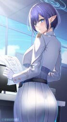  aoi_(blue_archive) blue_archive blue_eyes blue_hair blue_halo blurry blurry_background blush commentary_request cropped_jacket earrings female gloves halo highres holding holding_paper indoors ironatsuki jacket jewelry long_skirt long_sleeves monitor paper parted_lips pleated_skirt pointy_ears short_hair skirt solo twitter_username white_gloves white_jacket white_skirt 