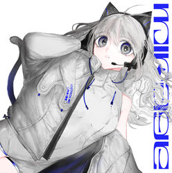  album_cover album_name animal_ear_headphones animal_ears antenna_hair bodysuit cat_ear_headphones commentary cover distortion dutch_angle english_commentary fake_animal_ears fcx4l female grey_bodysuit grey_eyes grey_hair grey_jacket hand_on_headphones hand_up head_tilt headphones headset highres jacket long_hair off_shoulder open_clothes open_jacket original parted_lips second-party_source simple_background sleeveless sleeveless_bodysuit solo turtleneck white_background 