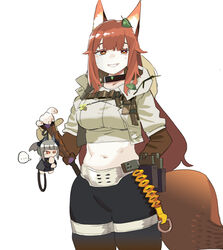  animal_ears arknights arm_behind_back black_collar black_pants breasts bright_pupils brown_eyes brown_hair character_doll collar cowboy_shot cropped_shirt female fox_ears fox_girl fox_tail franka_(arknights) franka_(rainforest_me_rainbow)_(arknights) grin highres leaf leaf_on_head liskarm_(arknights) long_hair long_sleeves looking_at_viewer medium_breasts midriff navel official_alternate_costume pants sheath sheathed shirt simple_background smile solo tail white_background white_pupils white_shirt yu_yanshu 