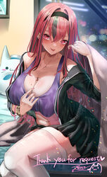  :p absurdres azur_lane bare_shoulders bedroom black_jacket black_skirt blanket blush breasts bremerton_(azur_lane) bremerton_(relaxation_consultation)_(azur_lane) character_doll cleavage collarbone commission crop_top crop_top_overhang crossed_bangs curvy english_commentary female gold_bracelet grey_hair hair_between_eyes hair_down hair_intakes hair_ornament hand_up highres holding holding_blanket indoors jacket large_breasts long_hair looking_at_viewer meowfficer_(azur_lane) mole mole_on_breast mole_under_eye multicolored_hair nail_art navel navel_piercing night off_shoulder official_alternate_costume official_alternate_hairstyle on_bed piercing pink_eyes pink_hair pixiv_commission pleated_skirt purple_tank_top rossy_(yowayowachimpo) sidelocks signature sitting skirt solo stomach streaked_hair tank_top thank_you thighhighs tongue tongue_out two-tone_hair wet white_thighhighs window zettai_ryouiki 