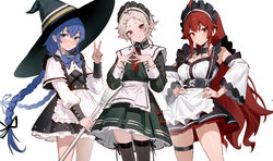  3girls 95--- :&lt; ahoge alternate_costume apron black_dress black_footwear black_ribbon black_socks blue_hair blush boots braid breasts closed_mouth commentary crossed_bangs detached_collar detached_sleeves dress elf english_commentary eris_greyrat floating_hair frilled_apron frills frown hair_between_eyes hair_flaps hair_ribbon hands_on_own_hips hat highres holding holding_staff kneehighs legs_apart long_hair long_sleeves looking_at_viewer low_twin_braids mage_staff maid maid_apron maid_headdress multiple_girls mushoku_tensei petticoat pointy_ears red_eyes red_hair ribbon roxy_migurdia short_hair smile socks staff standing sylphiette_(mushoku_tensei) thigh_strap thighs twin_braids v v-shaped_eyebrows very_long_hair waist_apron white_apron white_footwear white_hair wide_sleeves witch_hat 