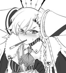  blush breasts cloak das_(dan_dan) fate/grand_order fate_(series) female food food_in_mouth fur-trimmed_cloak fur_trim greyscale highres horns huge_horns large_breasts long_hair long_horns looking_at_viewer monochrome olga_marie_animusphere pocky pocky_in_mouth single_horn u-olga_marie white_background 