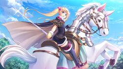  aiyoku_no_eustia barding belt black_cape black_footwear black_gloves blonde_hair blue_eyes blue_sky boots cape cloud day dress earrings female fur-trimmed_gloves fur_trim game_cg gloves hair_ornament holding holding_sword holding_weapon horse horseback_riding iris_mysteria! jewelry licia_de_novus_yurii long_hair looking_at_viewer looking_back loose_belt rapier riding saddle short_dress shoulder_pads sky smile sword thigh_boots thighhighs tiara twintails weapon white_horse 