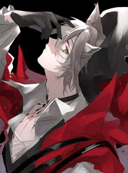  1boy animal_ears arknights black_background black_hat cape cat_boy cat_ears commentary_request grey_hair half_mask hat head_tilt highres looking_at_viewer male_focus mask material_growth open_clothes open_shirt oripathy_lesion_(arknights) parted_lips phantom_(arknights) phantom_(focus)_(arknights) red_cape shirt short_hair simple_background solo white_shirt yakota_(usuk-yako) yellow_eyes 