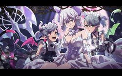  3girls arianna_the_labrynth_servant arianne_the_labrynth_servant artist_name axe bare_shoulders battle_axe black_gloves breasts cleavage demon_girl demon_horns demon_tail demon_wings dress duel_monster frilled_dress frills gloves green_eyes grey_eyes grey_hair horns large_breasts laundry_(randorii) lovely_labrynth_of_the_silver_castle maid_headdress multiple_girls pink_eyes pointy_ears sitting tail weapon white_dress white_hair wings yu-gi-oh! 