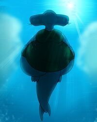  3_toes 4:5 anthro belly big_belly bottomless breasts clothed clothing cloud eyelashes feet female fish gills gloves green_clothing green_shirt green_topwear ground_shark hammerhead_shark handwear hi_res huge_belly low-angle_view marine medium_breasts mouth_closed navel_outline obese obese_anthro obese_female overweight overweight_anthro overweight_female shark sharp_teeth shirt solo sun swimming tail teeth thatoneaceguy thick_thighs toes topwear underwater underwater_view water worm&#039;s-eye_view 