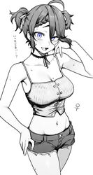  ahoge blush breasts cleavage collarbone female genderswap_(mtf) greyscale highres indie_virtual_youtuber kushizaki_(vtuber) large_breasts looking_at_viewer monochrome navel open_mouth purple_eyes rule_63 short_hair short_shorts shorts smile solo spot_color st_(youx1119) sweat translation_request virtual_youtuber 