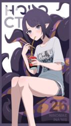  absurdres animal_ears black_hair blunt_bangs blush border character_name cup_ramen daydarion dolphin_shorts eating english_commentary female food grey_eyes grey_shorts highres hololive hololive_english looking_at_viewer mole mole_under_eye ninomae_ina&#039;nis ninomae_ina&#039;nis_(loungewear) noodles official_alternate_costume pointy_ears purple_border shin_ramyun shirt short_hair short_shorts short_sleeves shorts sitting solo t-shirt tentacle virtual_youtuber white_shirt 