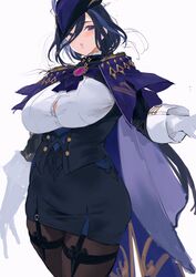  absurdres black_hair black_skirt blue_bow blue_cape blue_hair blue_hat blush bow breasts brown_pantyhose button_gap cape clorinde_(genshin_impact) commentary corset cowboy_shot curvy epaulettes expressionless female framed_breasts gem genshin_impact gloves hair_between_eyes hat highres large_breasts lips long_hair looking_at_viewer low_ponytail miniskirt multicolored_hair pantyhose pencil_skirt purple_eyes purple_gemstone rowkiba shirt simple_background skirt solo standing streaked_hair thigh_strap tricorne two-tone_hair underbust white_background white_gloves white_shirt 