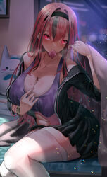  absurdres azur_lane bare_shoulders bedroom black_jacket black_skirt blanket blush breasts bremerton_(azur_lane) bremerton_(relaxation_consultation)_(azur_lane) character_doll cleavage collarbone commission condom condom_in_mouth condom_wrapper crop_top crop_top_overhang crossed_bangs curvy english_commentary female gold_bracelet grey_hair hair_between_eyes hair_down hair_intakes hair_ornament hand_up heart heart-shaped_pupils highres holding holding_blanket indoors jacket large_breasts long_hair looking_at_viewer meowfficer_(azur_lane) mole mole_on_breast mole_under_eye mouth_hold multicolored_hair nail_art navel navel_piercing night off_shoulder official_alternate_costume official_alternate_hairstyle on_bed piercing pink_eyes pink_hair pixiv_commission pleated_skirt purple_tank_top rossy_(yowayowachimpo) sidelocks sitting skirt solo steam stomach streaked_hair symbol-shaped_pupils tank_top thighhighs two-tone_hair wet white_thighhighs window zettai_ryouiki 