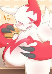  anthro belly belly_rest big_belly blush blush_lines bodily_fluids burger claws cute_fangs eating fluffy fluffy_tail food fur generation_3_pokemon hamburger_bun hi_res japanese_text looking_at_viewer matchstick_39 nintendo open_mouth overweight pinching_belly pink_eyes pokemon pokemon_(species) smile solo sweat tail text white_body white_fur zangoose 