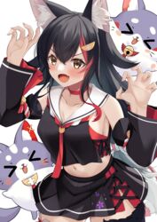  absurdres animal_ear_fluff animal_ears black_hair black_shirt black_skirt black_sleeves breasts choker cleavage commentary_request detached_sleeves female hair_ornament hairpin highres hololive long_hair looking_at_viewer medium_breasts miofa_(ookami_mio) multicolored_hair oerba_yun_fang ookami_mio ookami_mio_(1st_costume) open_mouth red_choker red_hair shirt skin_fang skirt smile streaked_hair tail tail_around_own_leg tyamiy1017 virtual_youtuber wolf_ears wolf_girl wolf_tail 