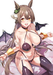  absurdres alternate_costume animal_ears armband bare_shoulders bikini black_bikini black_choker black_thighhighs blush braid breasts brown_hair choker cleavage commentary_request ear_ornament fake_wings female french_braid garter_straps hair_between_eyes highres horse_ears horse_girl horse_tail large_breasts looking_at_viewer multicolored_hair navel open_mouth satono_diamond_(umamusume) simple_background smile solo streaked_hair swimsuit tail teeth thighhighs uchida_shou umamusume upper_teeth_only white_background white_hair wings 