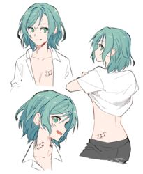  akni aqua_hair bang_dream! clothes_lift female green_eyes hikawa_hina lifting_own_clothes looking_at_viewer looking_back medium_hair musical_note profile shirt shirt_lift smile white_shirt 