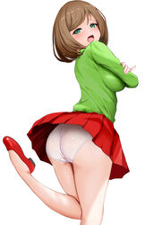  absurdres ass breasts brown_hair commentary_request female foot_out_of_frame gibun_(sozoshu) green_sweater highres large_breasts legs looking_at_viewer looking_back mai_machiko maicching_machiko-sensei medium_hair miniskirt open_mouth panties pleated_skirt red_footwear red_skirt shoes skirt solo sweater underwear white_background white_panties 