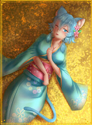  ;) absurdres animal_ear_fluff animal_ears arm_across_waist blue_eyes blue_hair blue_kimono blush border breasts cat_ears cat_girl cat_tail cleavage commission english_commentary female hair_between_eyes highres japanese_clothes kimono large_breasts leaf_print lips lying maple_leaf_print obi on_back one_eye_closed open_mouth ornate_border rinku_bny sash sidelocks signature sinon sinon_(sao-alo) smile sword_art_online tail tongue wide_sleeves 