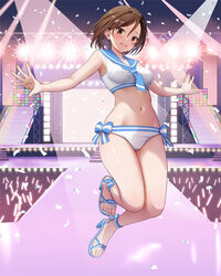  absurdres bare_shoulders bikini blue_neckerchief blue_sailor_collar blush breasts brown_eyes brown_hair commentary_request concert confetti crop_top feet female full_body gibun_(sozoshu) glowstick highres idol idolmaster idolmaster_cinderella_girls jumping legs light_blush looking_at_viewer medium_breasts midair midriff mizuki_seira navel neckerchief open_mouth outstretched_arms platform_footwear platform_heels sailor_bikini sailor_collar sailor_swimsuit_(idolmaster) sandals screen short_hair side-tie_bikini_bottom smile solo spotlight stage stage_lights strappy_heels swimsuit toenails toes white_bikini 