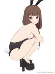  :o absurdres alternate_costume animal_ears artist_name bare_arms bare_legs bare_shoulders black_footwear blush breast_press breasts brown_eyes coro_fae fake_animal_ears fake_tail female high_heels highres iino_miko kaguya-sama_wa_kokurasetai_~tensai-tachi_no_renai_zunousen~ looking_at_viewer looking_to_the_side medium_breasts playboy_bunny rabbit_ears rabbit_tail sideboob solo squatting tail 