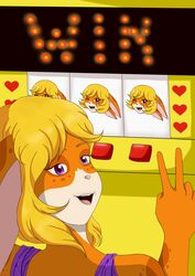  anthro blonde_hair female fur gesture hair hand_gesture hi_res lagomorph leporid mammal orange_body orange_fur purple_eyes rabbit slot_machine solo ta-chan tangobunny v_sign winning 