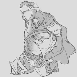  1:1 anthro armor awarebear bear cape claws closed_eyes clothing fur kneeling male mammal mid_transformation monochrome muscular muscular_anthro muscular_male navel nipples sharp_teeth simple_background solo tearing_clothing tearing_own_clothing teeth torn_clothing transformation were wereursid white_background 