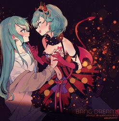  2girls aqua_hair bang_dream! blush bow breasts brown_cardigan cardigan cleavage clothing_cutout commentary copyright_name crown demon_costume demon_horns demon_tail dress earrings english_commentary fake_horns fake_tail frilled_dress frills gloves grabbing grabbing_another&#039;s_breast green_eyes guided_breast_grab guiding_hand hand_on_another&#039;s_chin heart heart_earrings hikawa_hina hikawa_sayo horns incest jewelry large_breasts long_hair looking_at_another medium_hair milk_puppy mini_crown mixed-language_commentary multiple_girls naughty_face navel navel_cutout open_mouth purple_bow red_dress red_gloves shirt short_hair siblings sisters smile tail twincest twins twitter_username waist_bow white_shirt yuri 