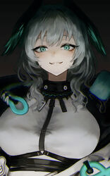  absurdres aiv arknights biting_own_lip black_background breasts female green_eyes grey_hair head_wings highres ho&#039;olheyak_(arknights) large_breasts looking_at_viewer medium_hair shirt simple_background solo upper_body white_shirt wings 