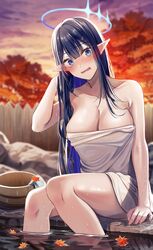  absurdres autumn autumn_leaves black_hair blue_archive blue_eyes blue_halo blurry blurry_background blush breasts cleavage collarbone feet_out_of_frame female halo highres large_breasts leaf long_hair looking_at_viewer maple_leaf naked_towel nicky_w onsen open_mouth outdoors pointy_ears rin_(blue_archive) sitting soaking_feet solo towel water wet white_towel 